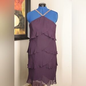 Daymor‎ Couture Women's Silk Halter Neck Tiered Ruffled Midi Dress  Purple 14